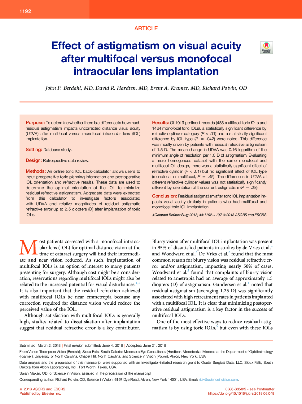 Effect of astigmatism on visual acuity after multifocal versus monofocal intraocular lens implantation