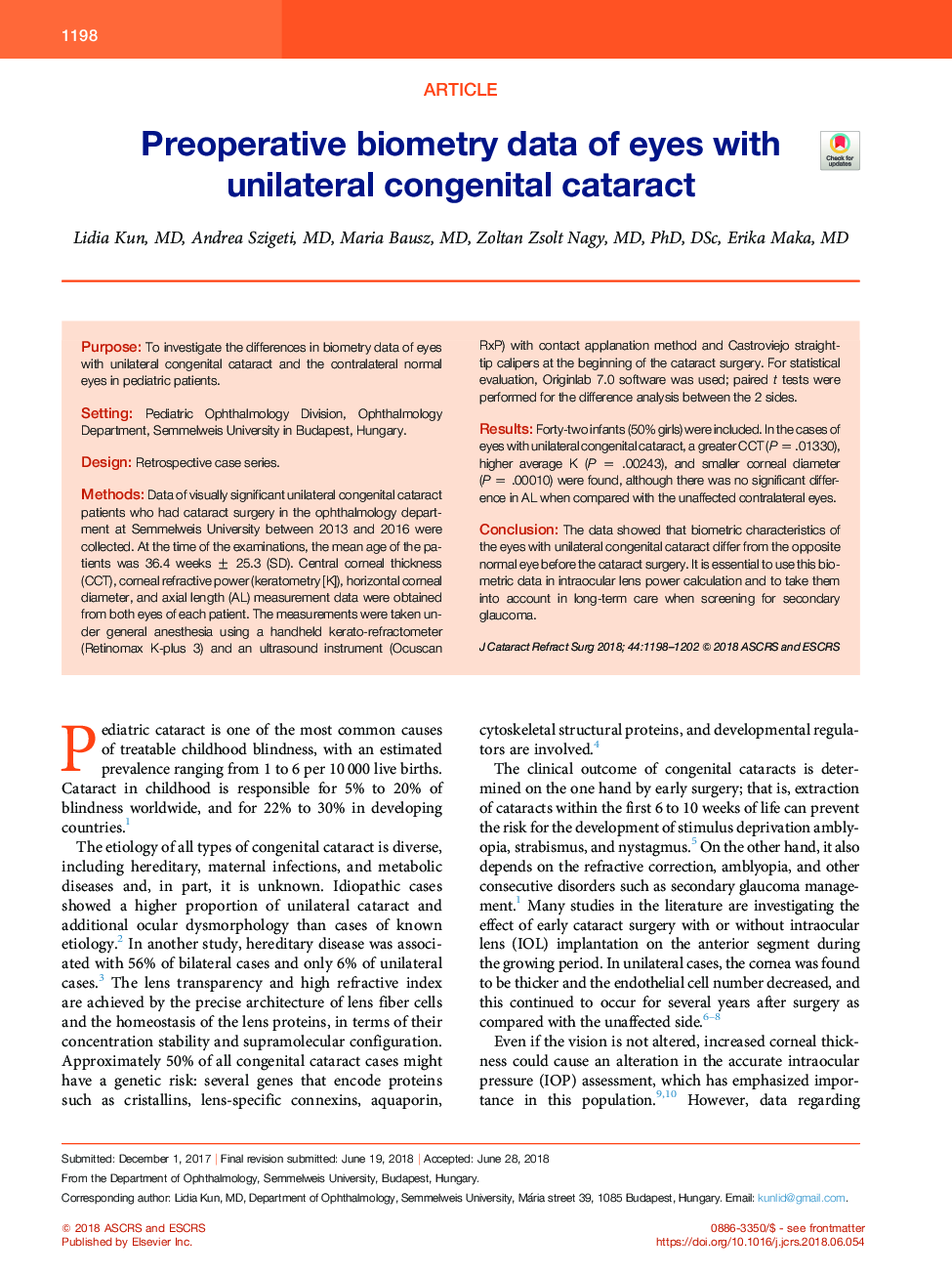 Preoperative biometry data of eyes with unilateral congenital cataract