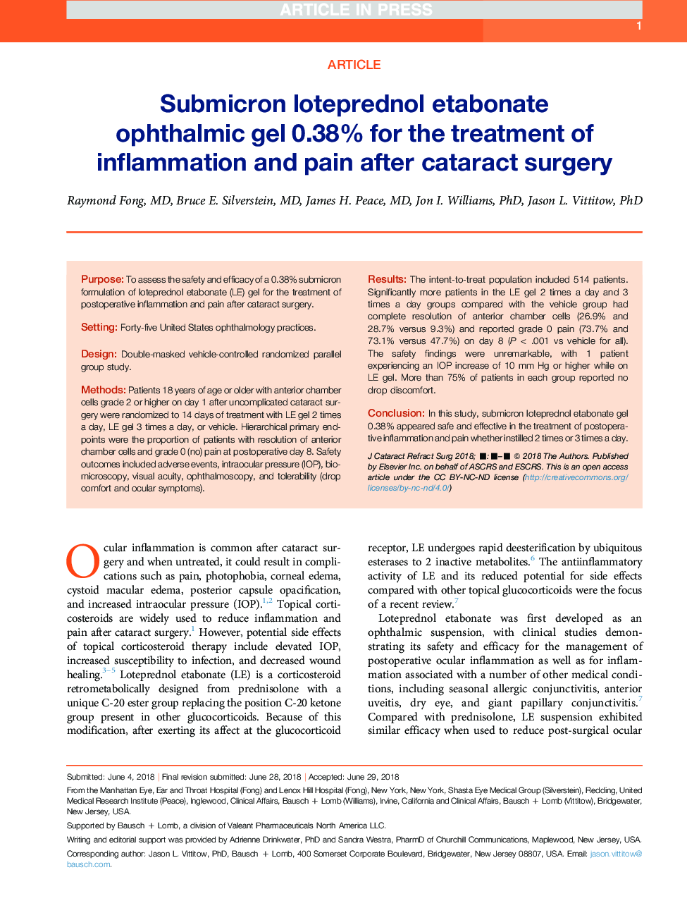 Submicron loteprednol etabonate ophthalmic gel 0.38% for the treatment of inflammation and pain after cataract surgery