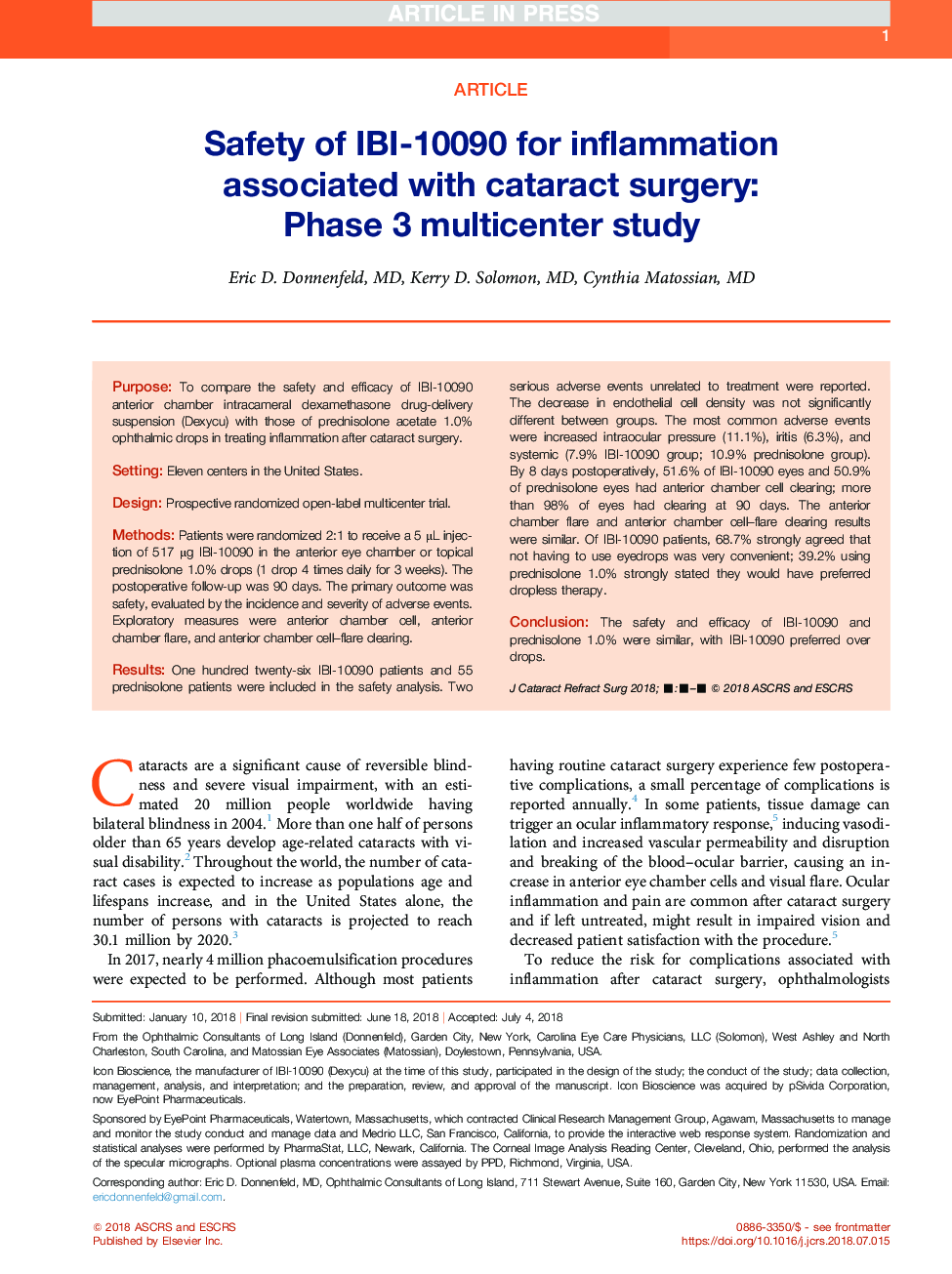 Safety of IBI-10090 for inflammation associated with cataract surgery: Phase 3 multicenter study