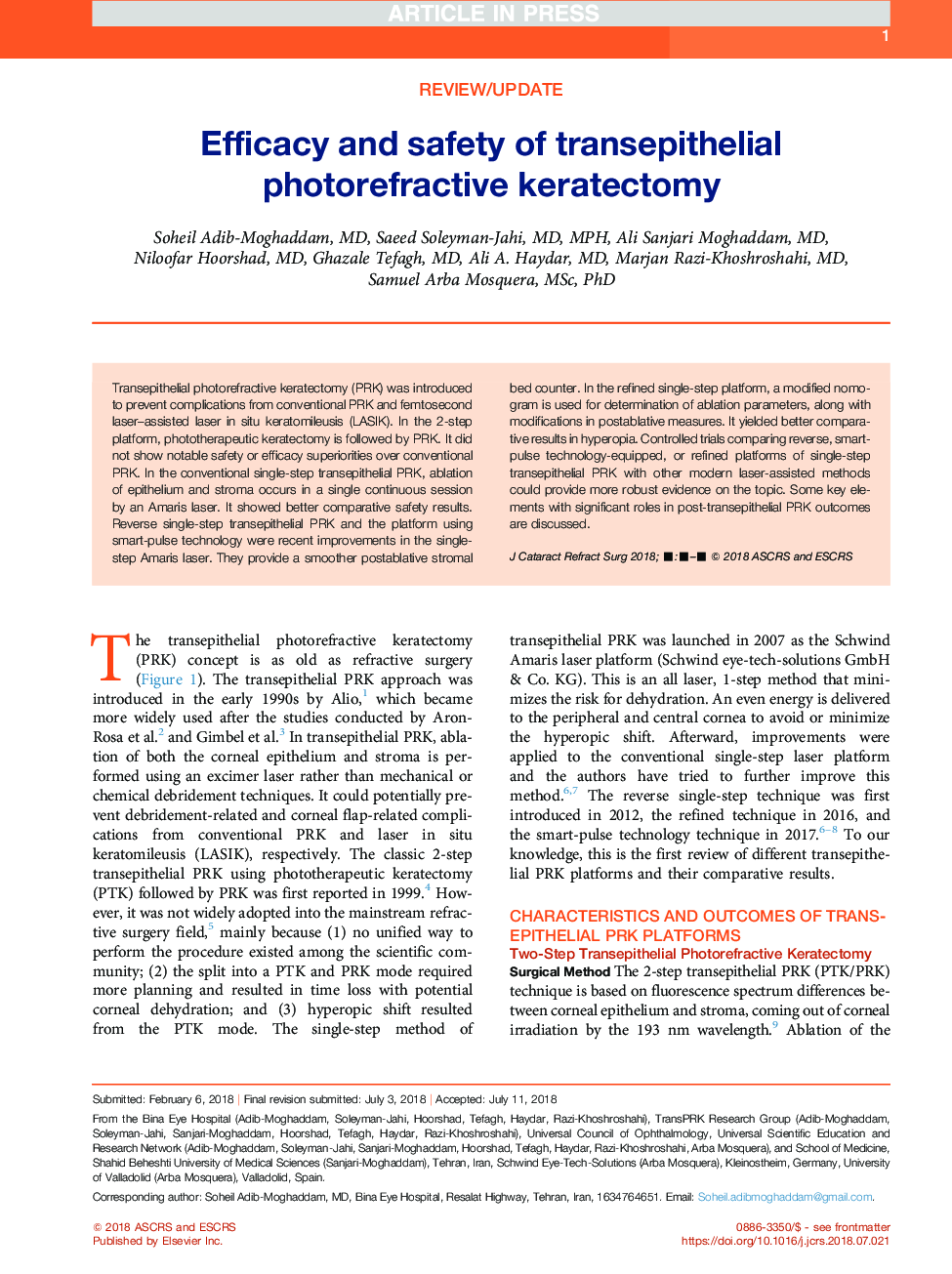 Efficacy and safety of transepithelial photorefractive keratectomy