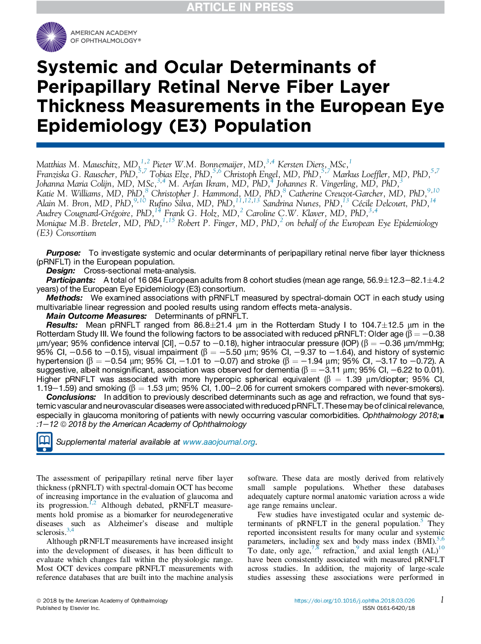 Systemic and Ocular Determinants of Peripapillary Retinal Nerve Fiber Layer Thickness Measurements in the European Eye Epidemiology (E3) Population