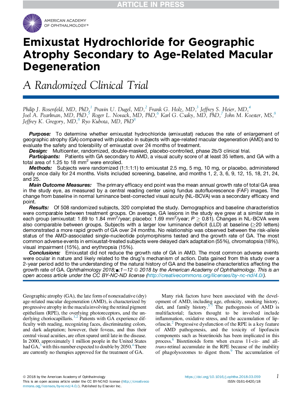 Emixustat Hydrochloride for Geographic Atrophy Secondary to Age-Related Macular Degeneration