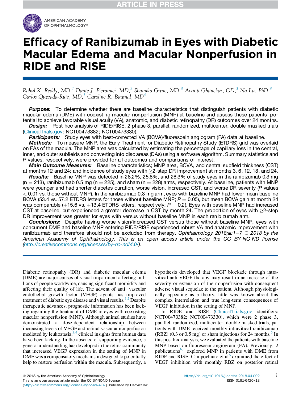 Efficacy of Ranibizumab in Eyes with Diabetic Macular Edema and Macular Nonperfusion in RIDE and RISE