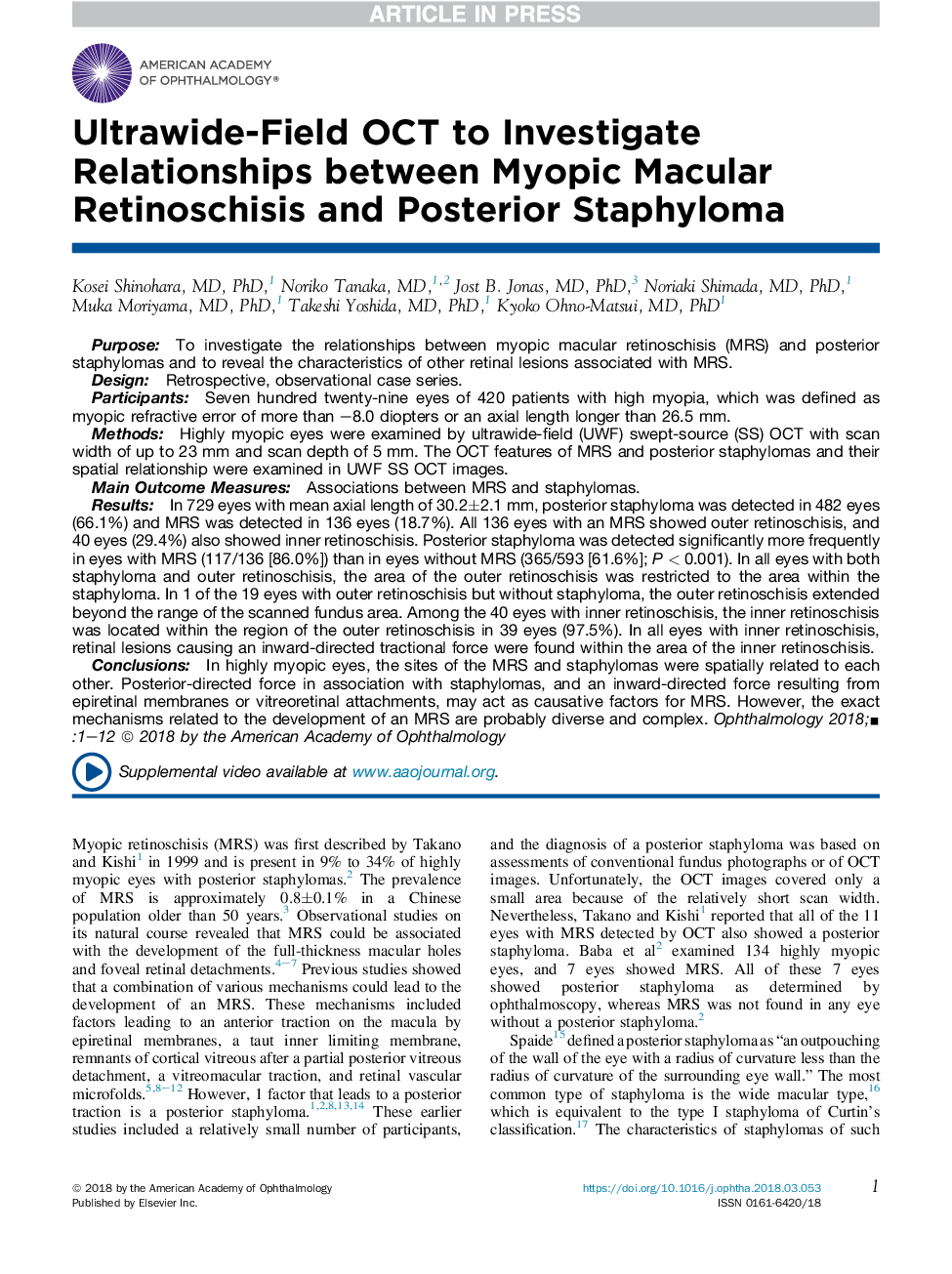 Ultrawide-Field OCT to Investigate Relationships between Myopic Macular Retinoschisis and Posterior Staphyloma