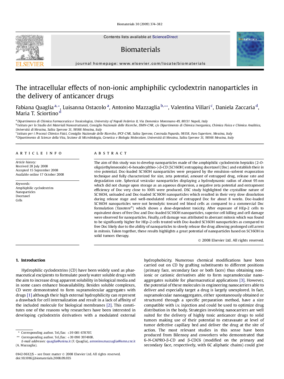 The intracellular effects of non-ionic amphiphilic cyclodextrin nanoparticles in the delivery of anticancer drugs