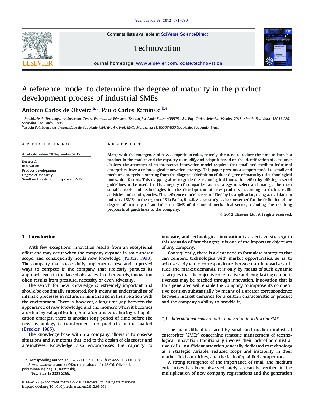 A reference model to determine the degree of maturity in the product development process of industrial SMEs