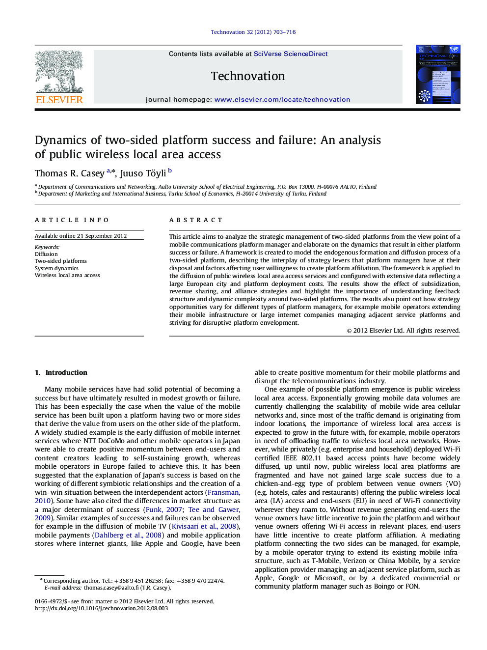 Dynamics of two-sided platform success and failure: An analysis of public wireless local area access
