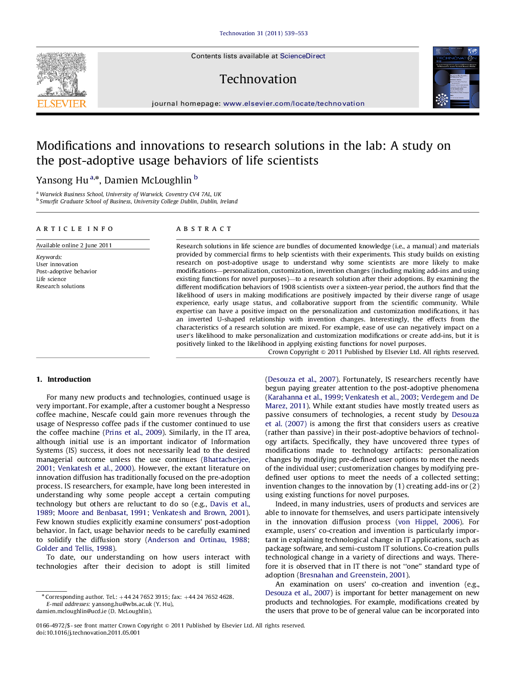 Modifications and innovations to research solutions in the lab: A study on the post-adoptive usage behaviors of life scientists