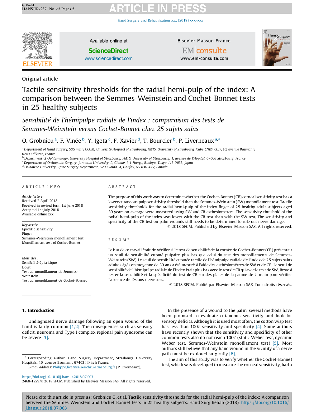 Tactile sensitivity thresholds for the radial hemi-pulp of the index: A comparison between the Semmes-Weinstein and Cochet-Bonnet tests in 25 healthy subjects