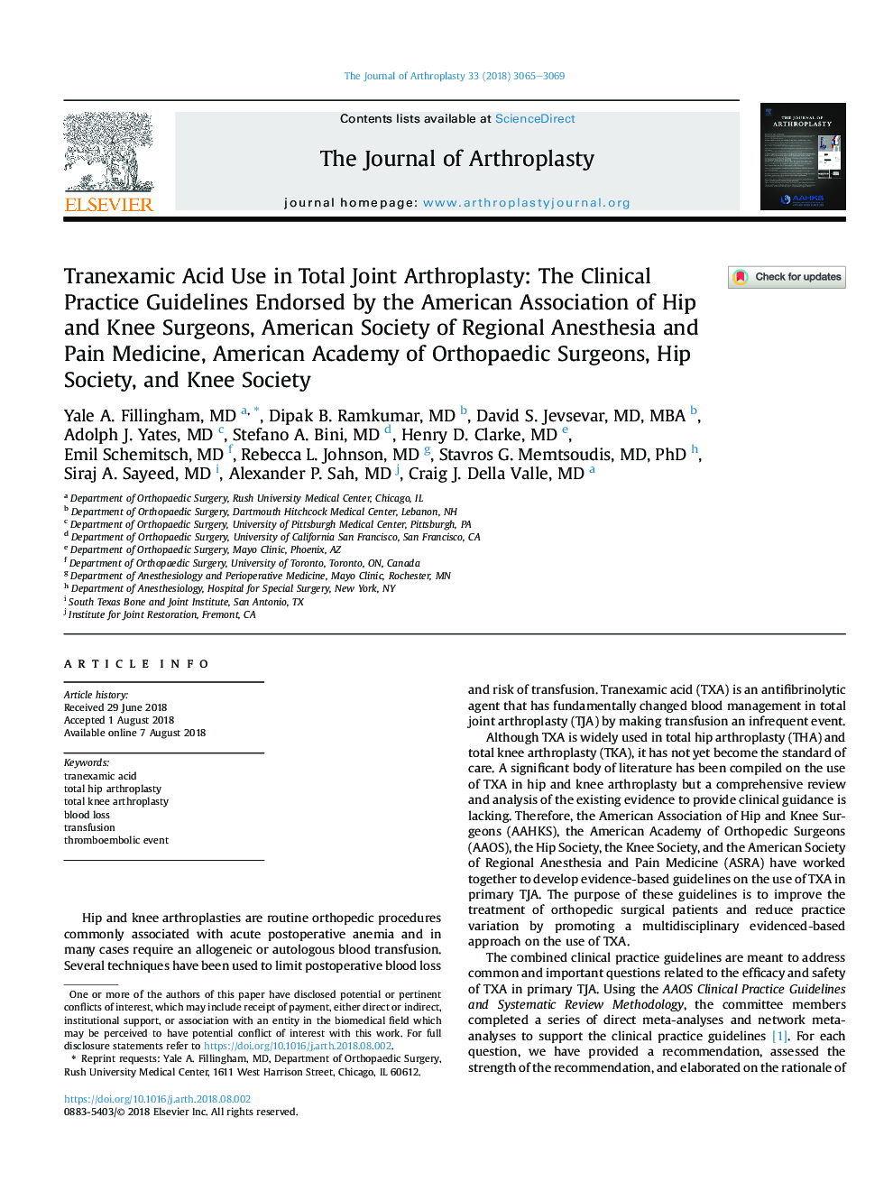 Tranexamic Acid Use in Total Joint Arthroplasty: The Clinical Practice Guidelines Endorsed by the American Association of Hip and Knee Surgeons, American Society of Regional Anesthesia and Pain Medicine, American Academy of Orthopaedic Surgeons, Hip Socie