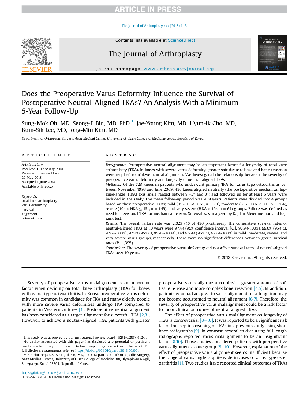 Does the Preoperative Varus Deformity Influence the Survival of Postoperative Neutral-Aligned TKAs? An Analysis With a Minimum 5-Year Follow-Up