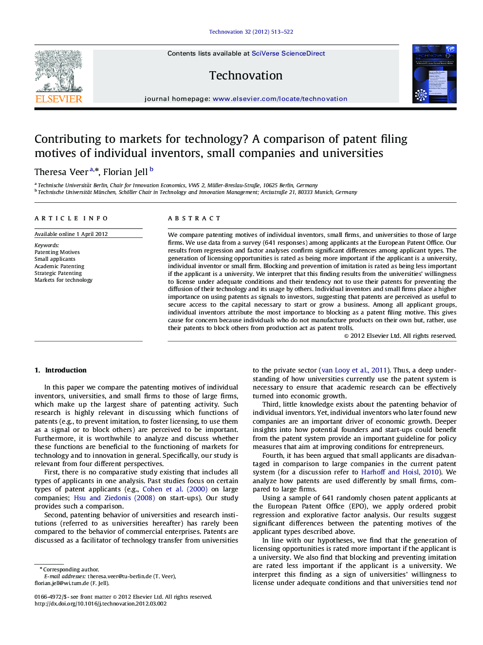 Contributing to markets for technology? A comparison of patent filing motives of individual inventors, small companies and universities