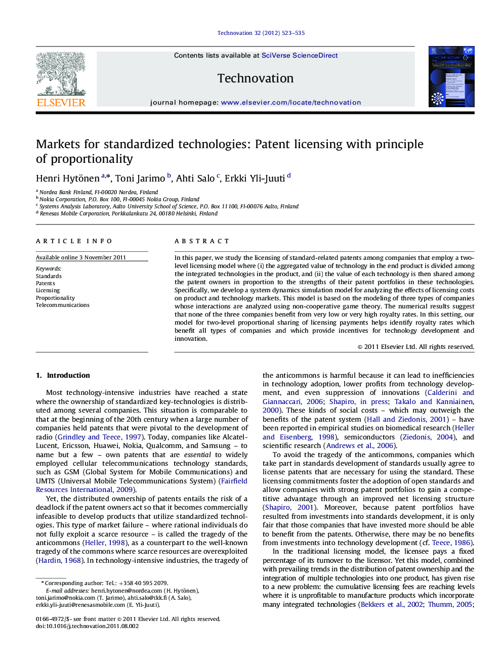 Markets for standardized technologies: Patent licensing with principle of proportionality