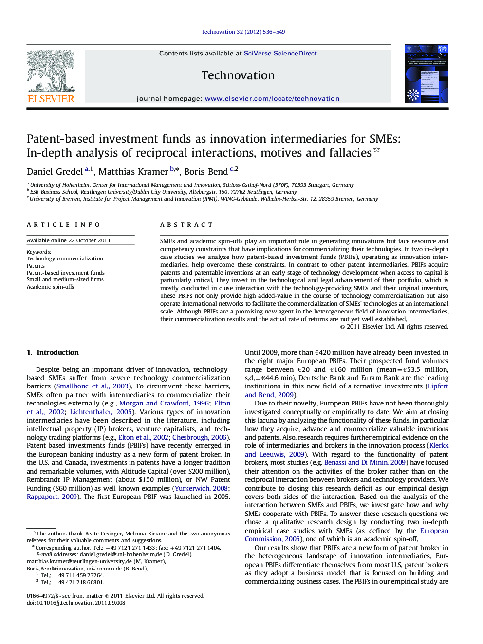 Patent-based investment funds as innovation intermediaries for SMEs: In-depth analysis of reciprocal interactions, motives and fallacies 