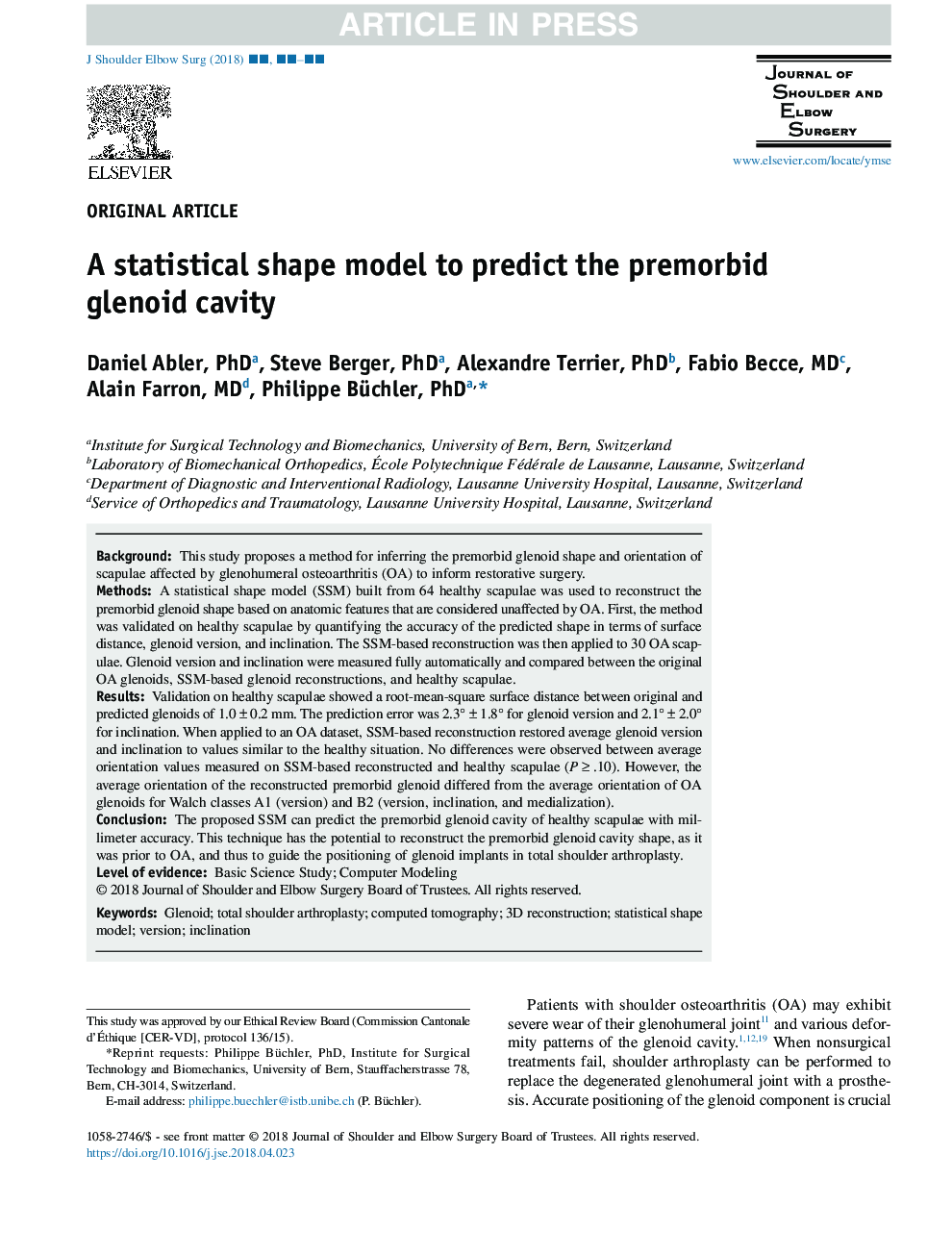 A statistical shape model to predict the premorbid glenoid cavity