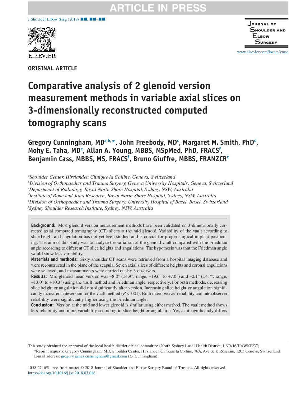 Comparative analysis of 2 glenoid version measurement methods in variable axial slices on 3-dimensionally reconstructed computed tomography scans