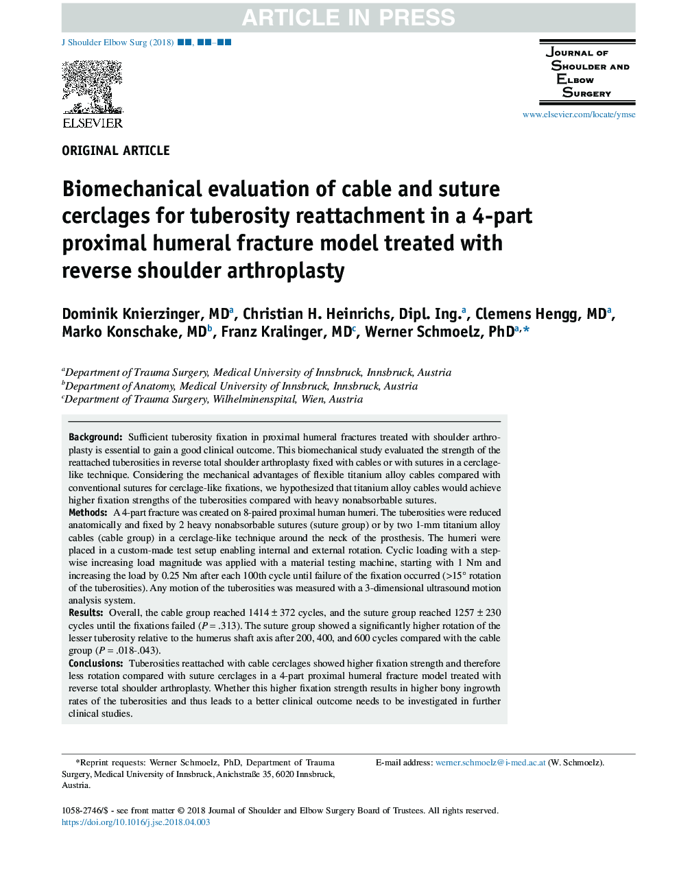 Biomechanical evaluation of cable and suture cerclages for tuberosity reattachment in a 4-part proximal humeral fracture model treated with reverse shoulder arthroplasty