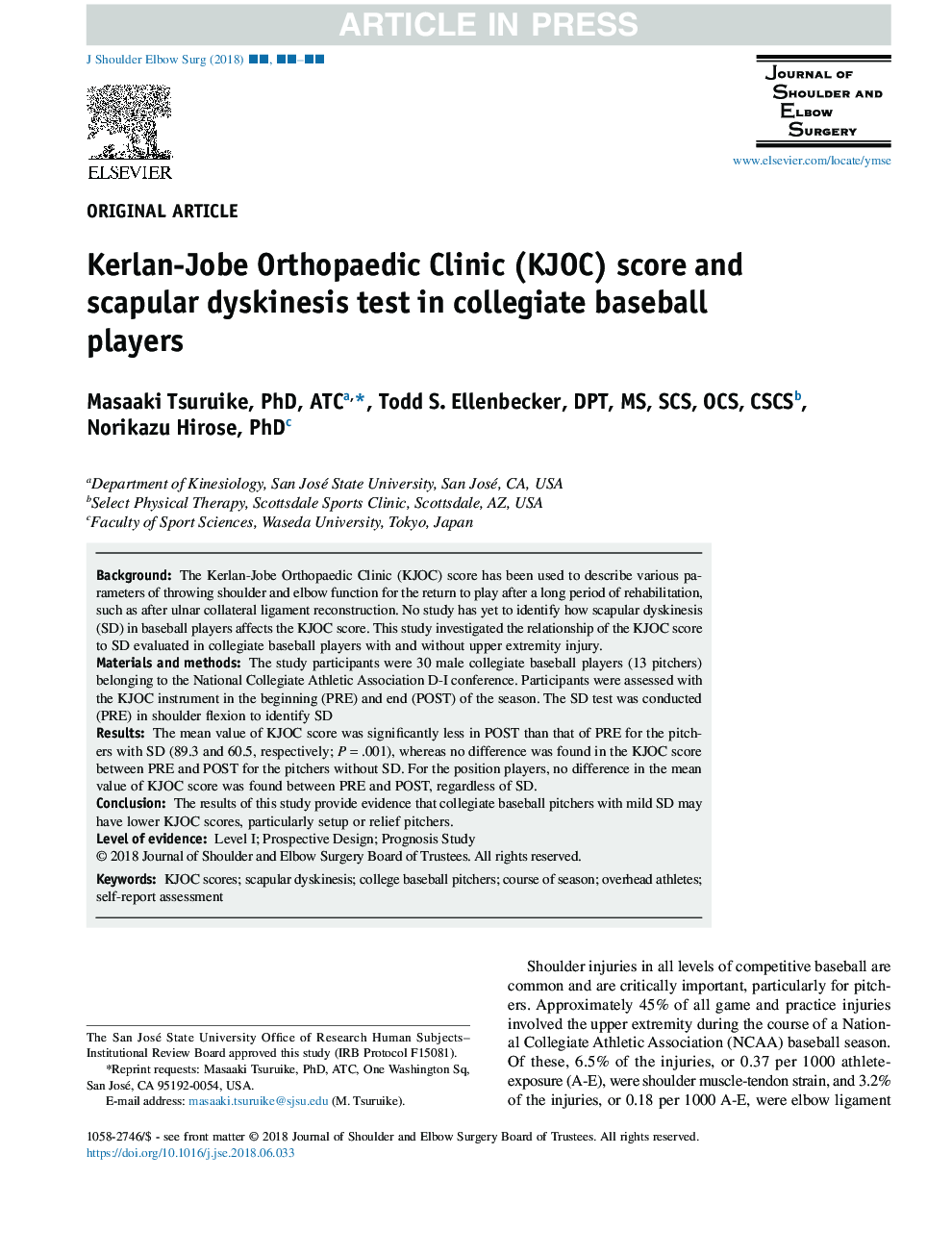 Kerlan-Jobe Orthopaedic Clinic (KJOC) score and scapular dyskinesis test in collegiate baseball players