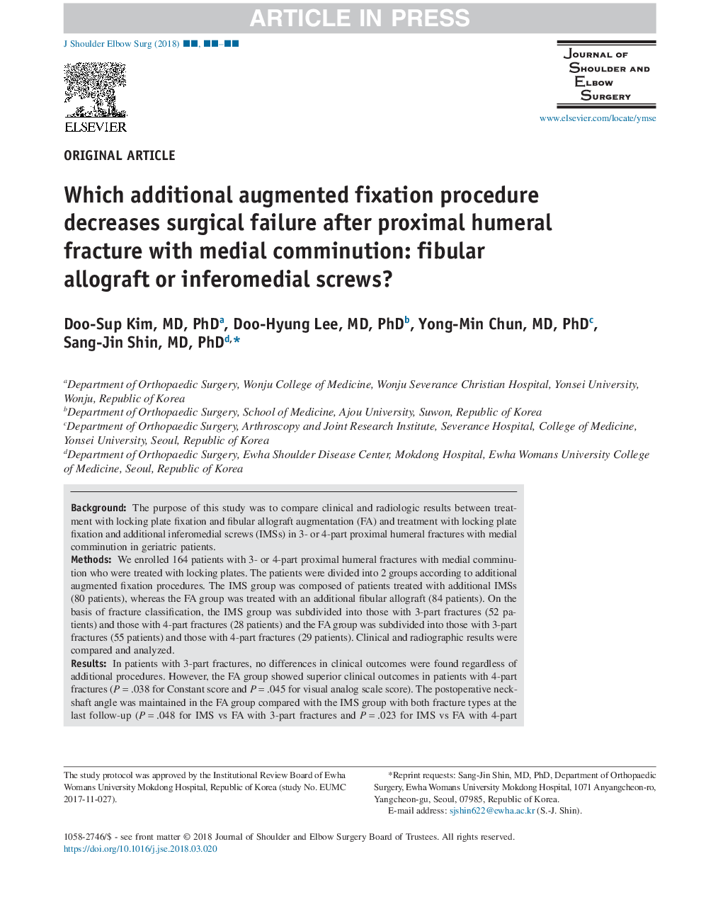 Which additional augmented fixation procedure decreases surgical failure after proximal humeral fracture with medial comminution: fibular allograft or inferomedial screws?