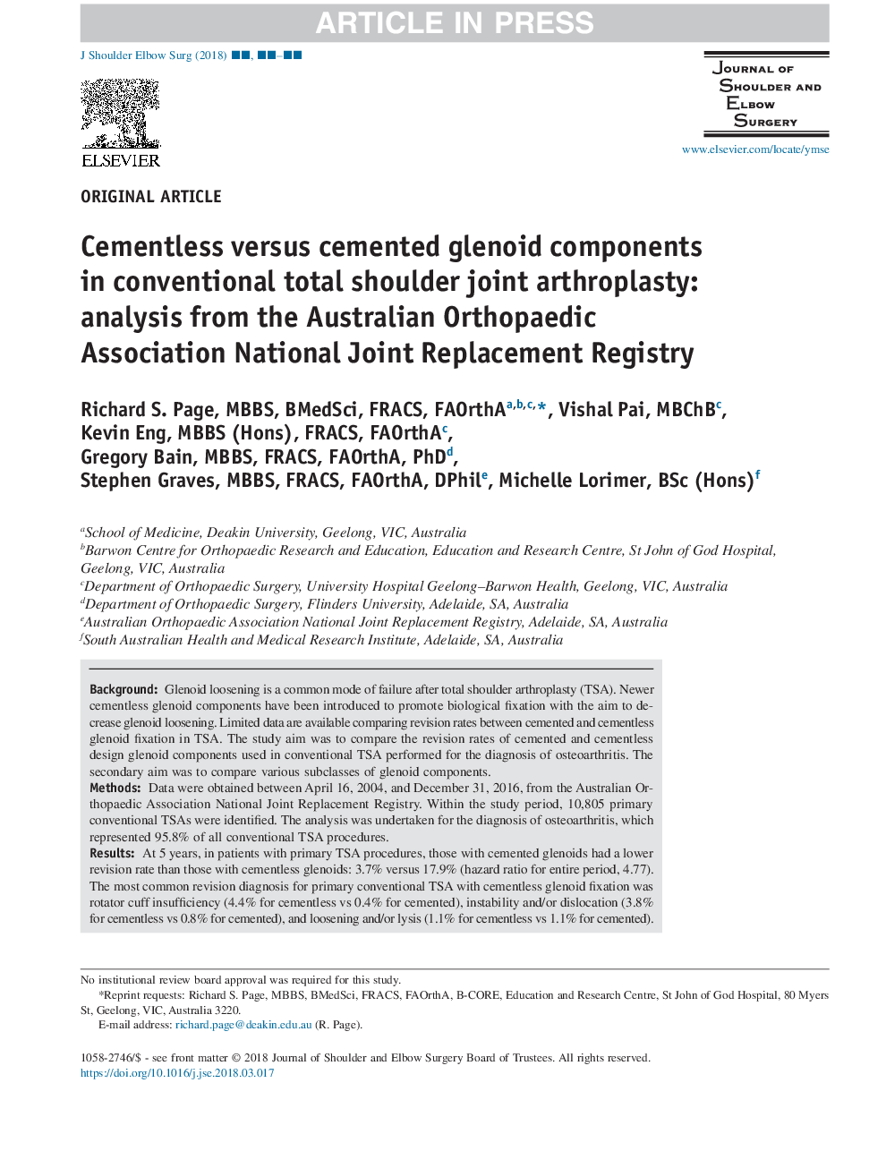 Cementless versus cemented glenoid components in conventional total shoulder joint arthroplasty: analysis from the Australian Orthopaedic Association National Joint Replacement Registry