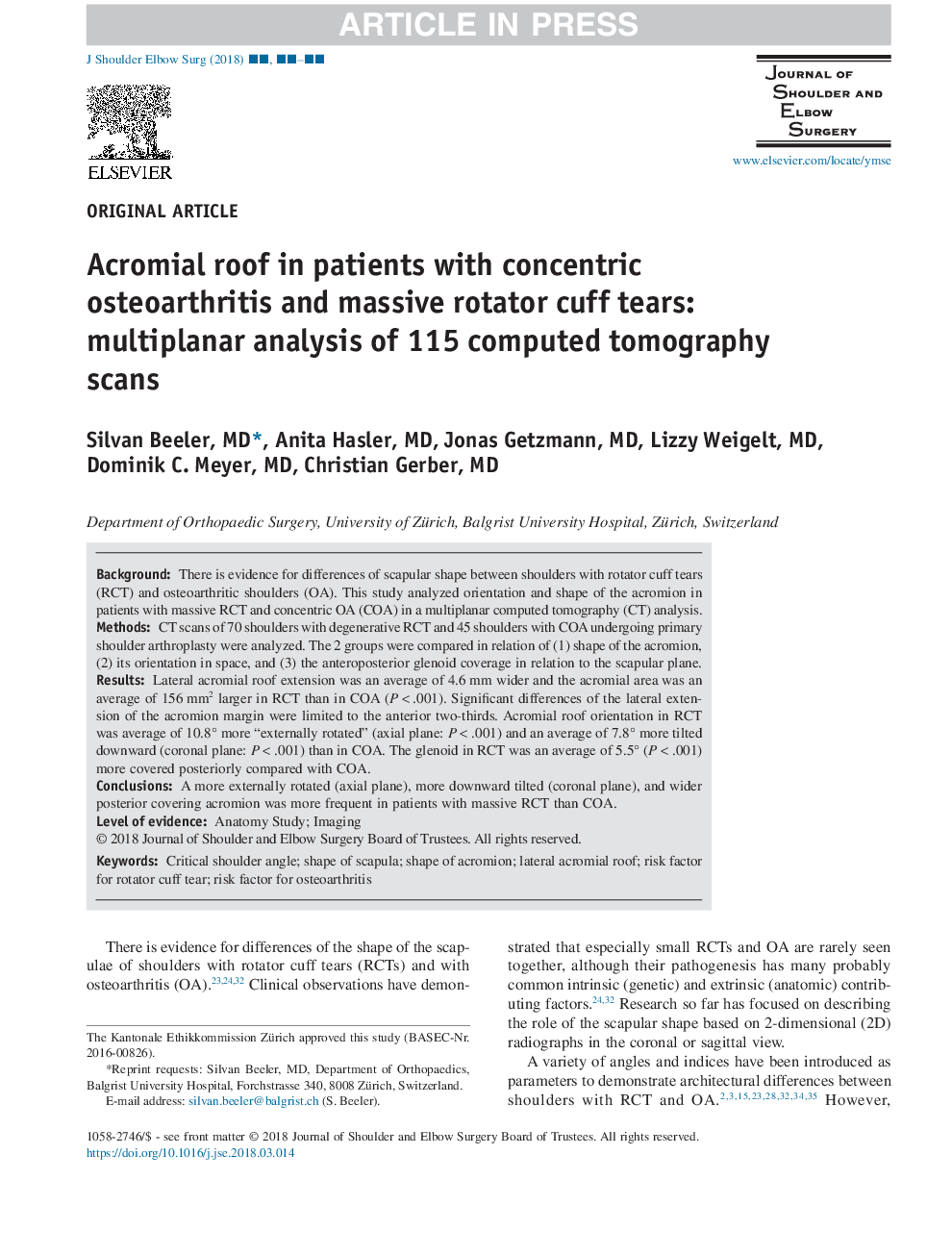 Acromial roof in patients with concentric osteoarthritis and massive rotator cuff tears: multiplanar analysis of 115 computed tomography scans