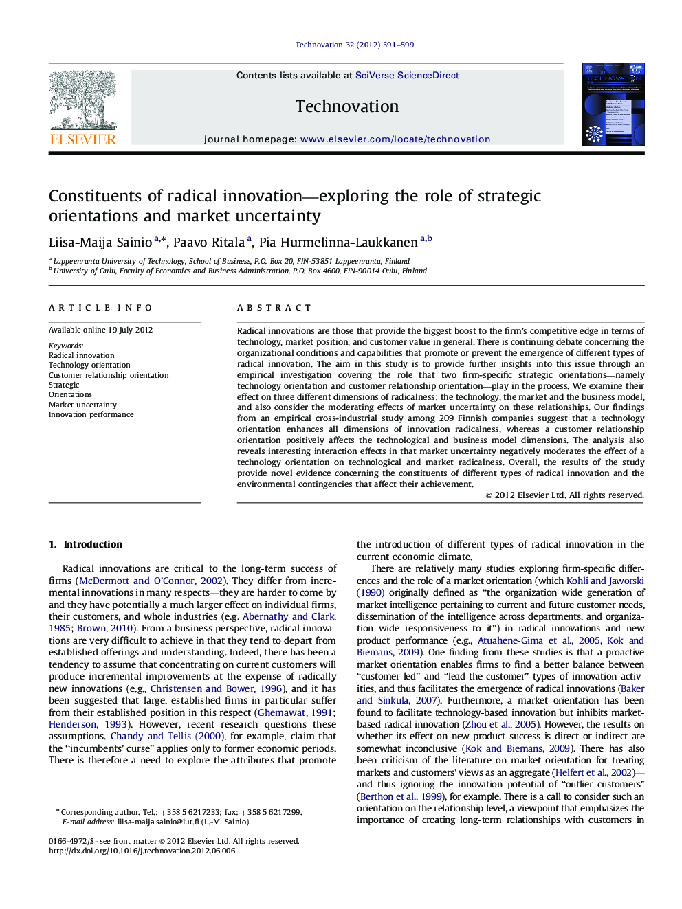 Constituents of radical innovation—exploring the role of strategic orientations and market uncertainty