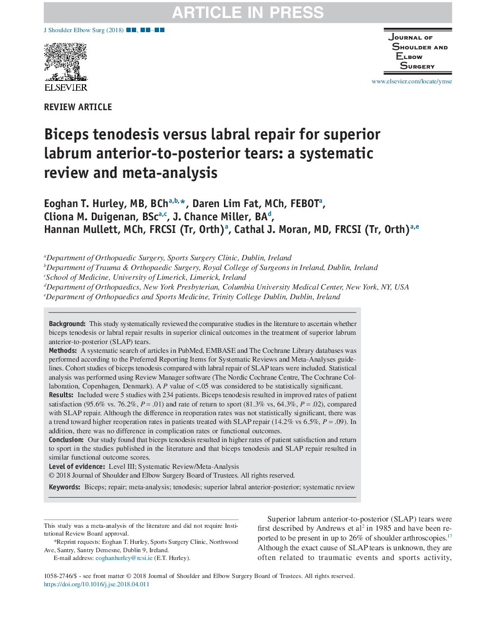 Biceps tenodesis versus labral repair for superior labrum anterior-to-posterior tears: a systematic review and meta-analysis