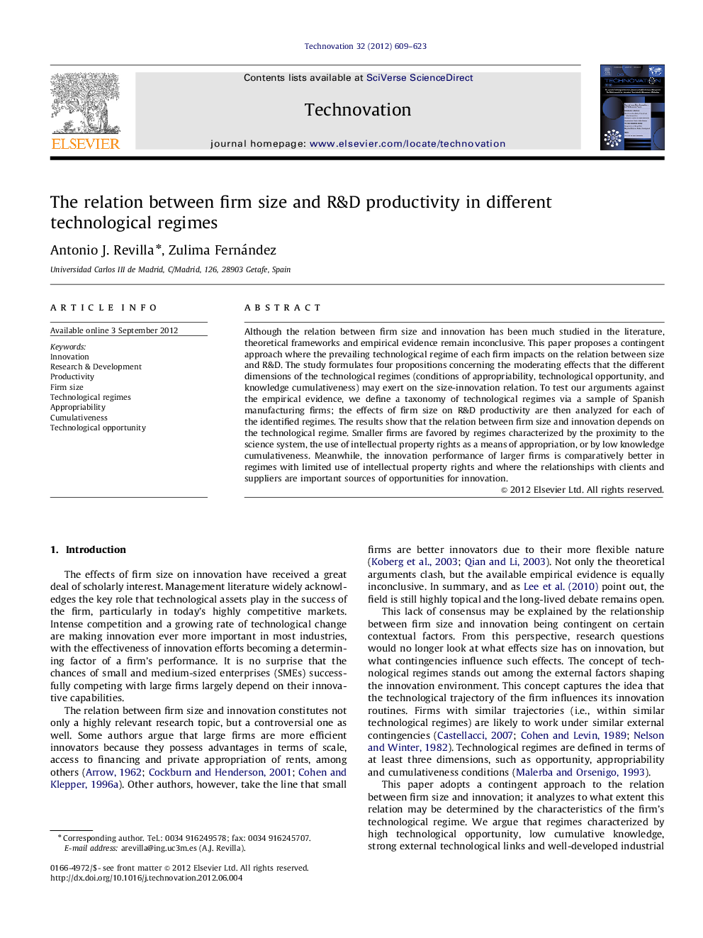 The relation between firm size and R&D productivity in different technological regimes