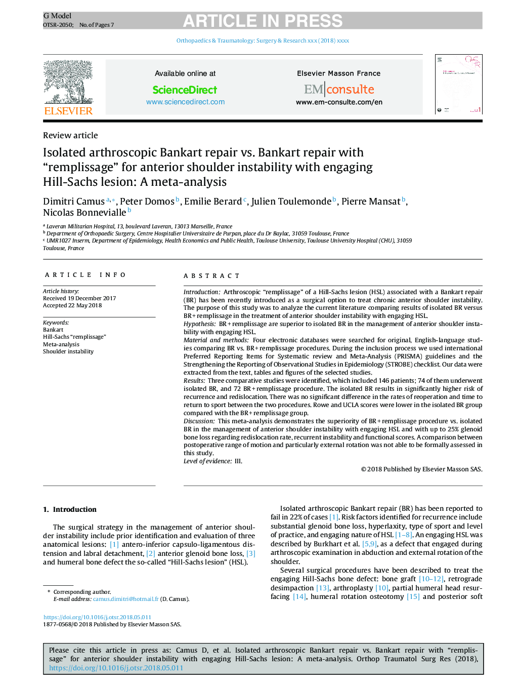 Isolated arthroscopic Bankart repair vs. Bankart repair with “remplissage” for anterior shoulder instability with engaging Hill-Sachs lesion: A meta-analysis