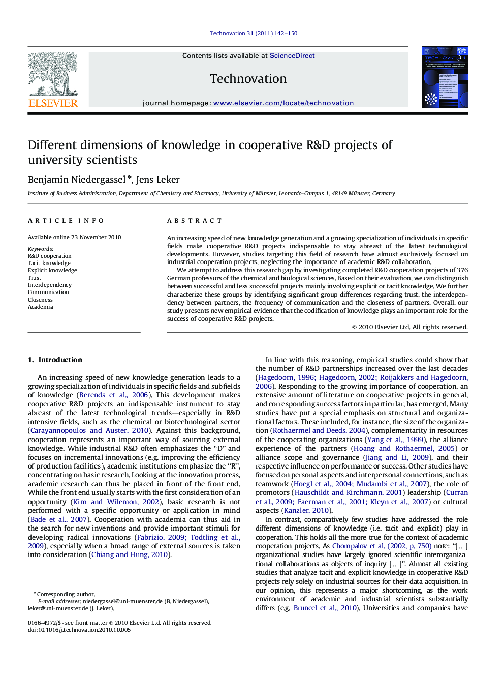 Different dimensions of knowledge in cooperative R&D projects of university scientists