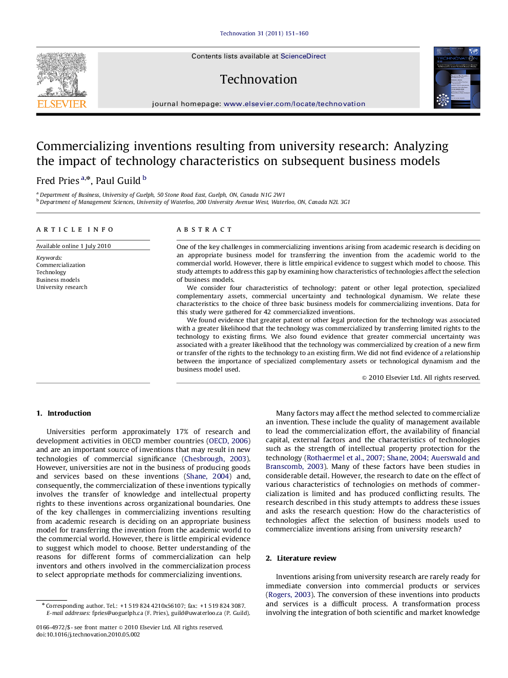 Commercializing inventions resulting from university research: Analyzing the impact of technology characteristics on subsequent business models