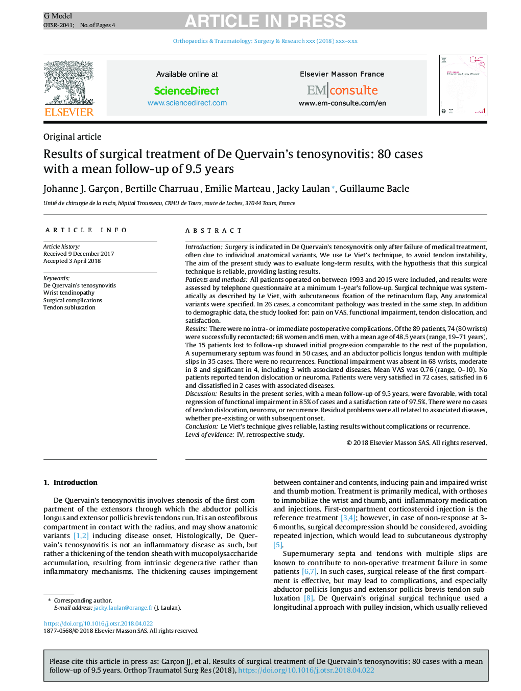 Results of surgical treatment of De Quervain's tenosynovitis: 80 cases with a mean follow-up of 9.5 years