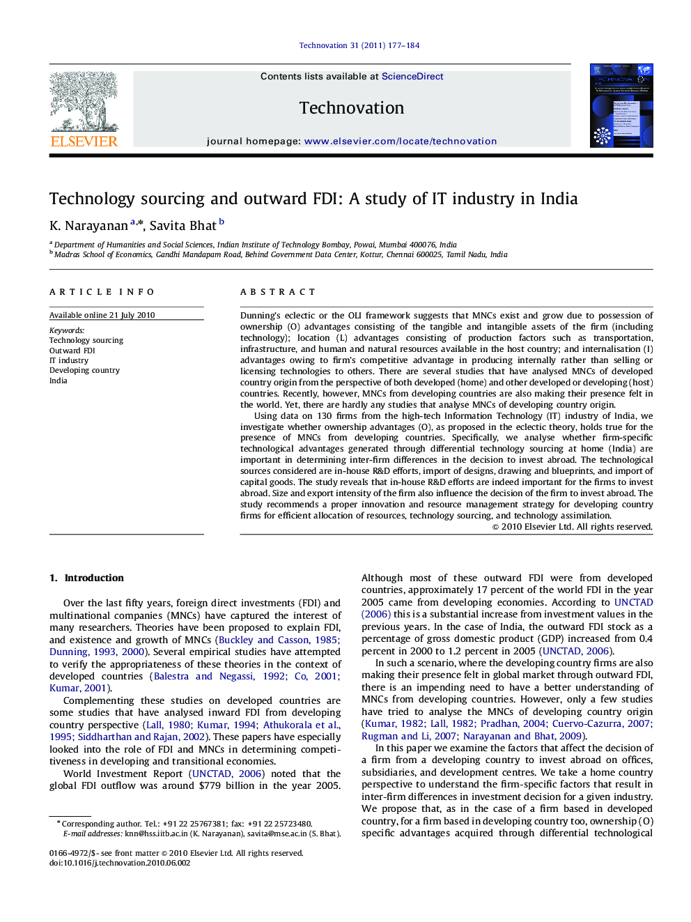 Technology sourcing and outward FDI: A study of IT industry in India