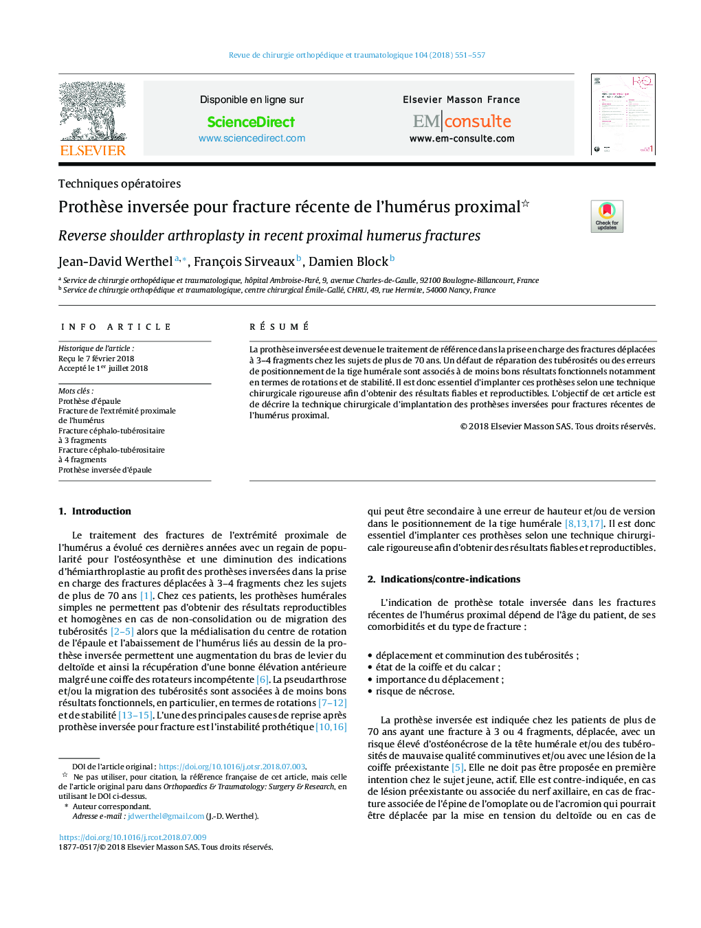 ProthÃ¨se inversée pour fracture récente de l'humérus proximal