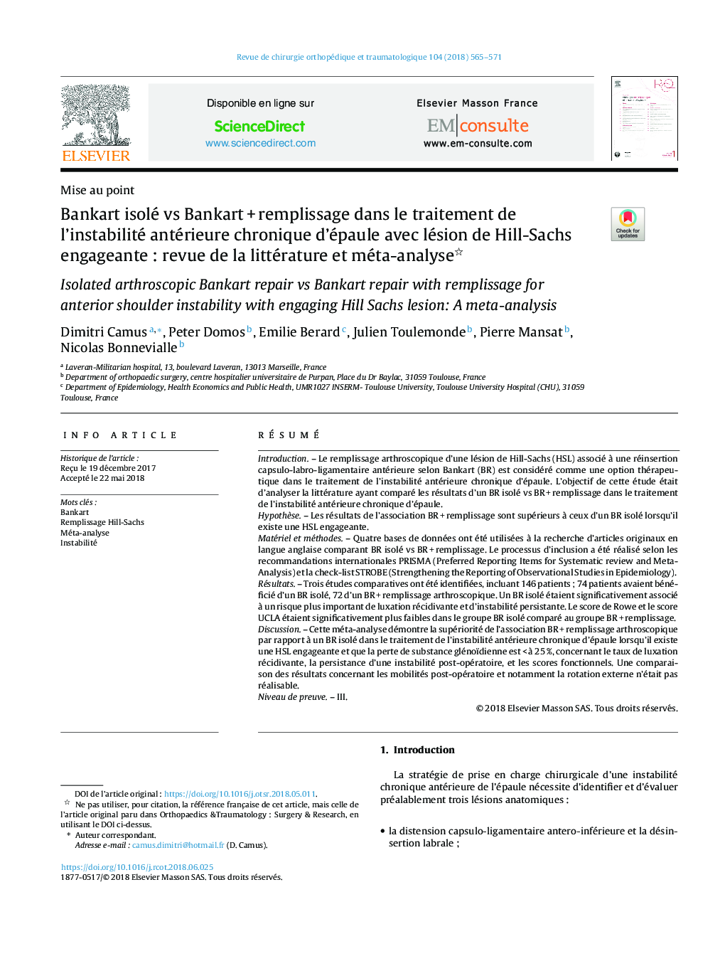 Bankart isolé vs BankartÂ +Â remplissage dans le traitement de l'instabilité antérieure chronique d'épaule avec lésion de Hill-Sachs engageanteÂ : revue de la littérature et méta-analyse