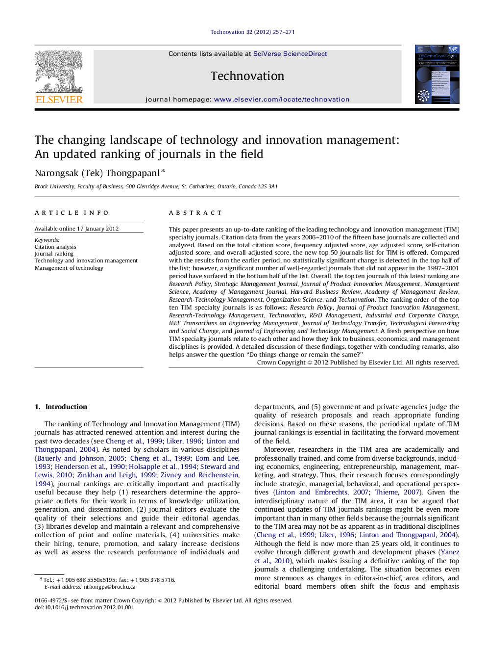 The changing landscape of technology and innovation management: An updated ranking of journals in the field