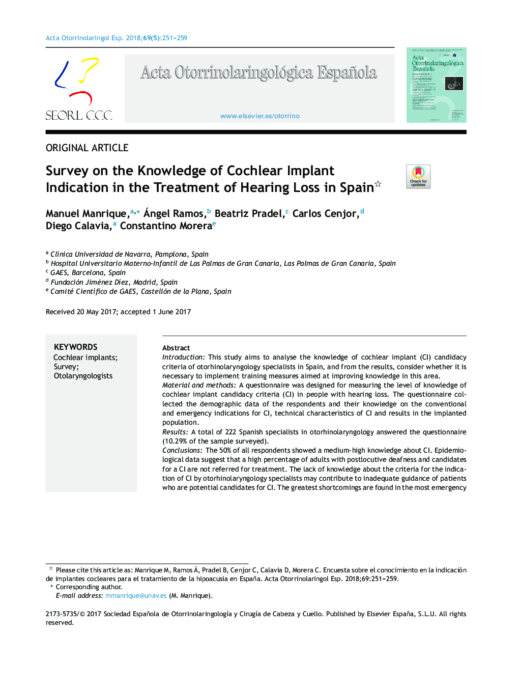 Survey on the Knowledge of Cochlear Implant Indication in the Treatment of Hearing Loss in Spain