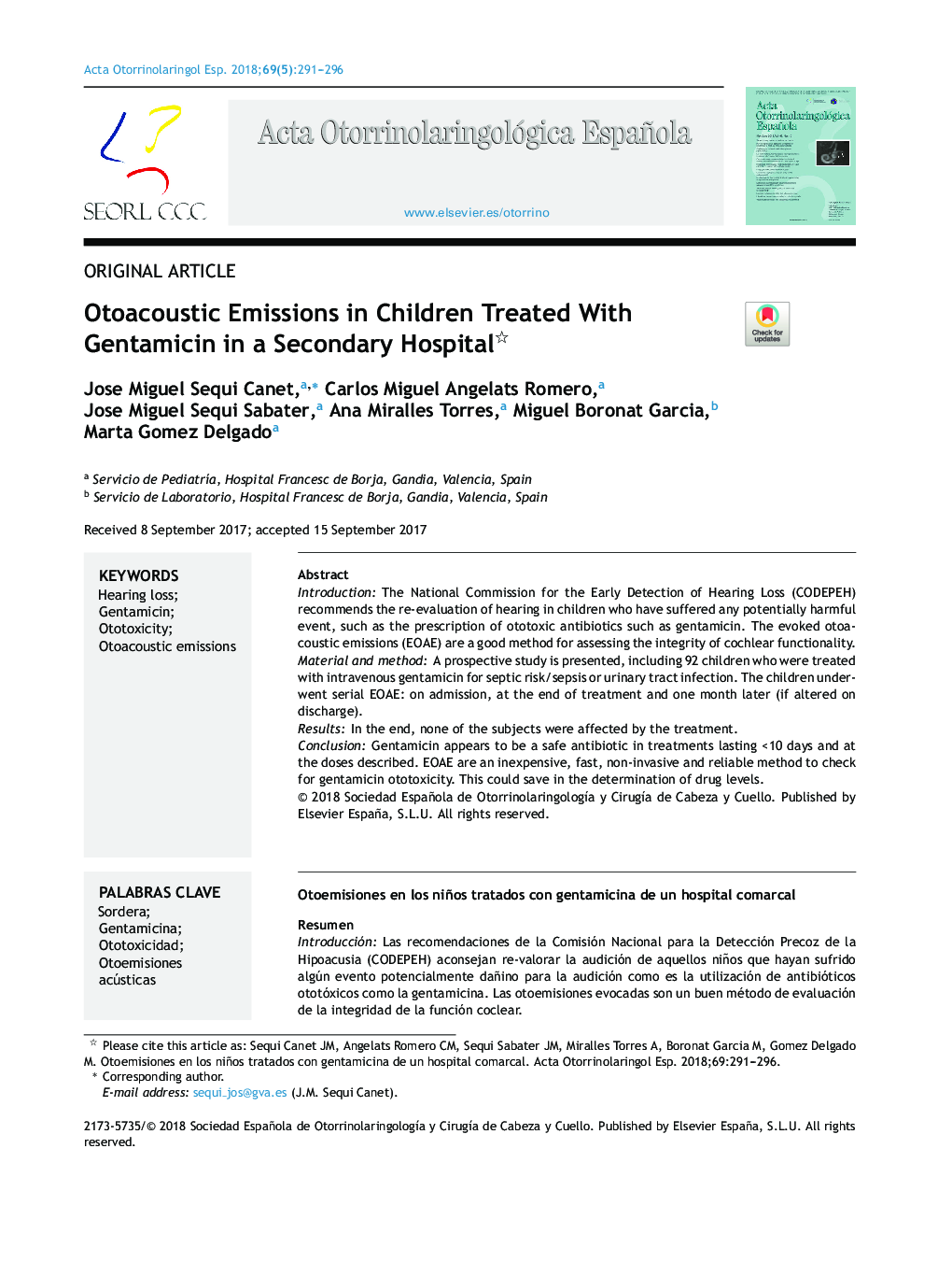 Otoacoustic Emissions in Children Treated With Gentamicin in a Secondary Hospital