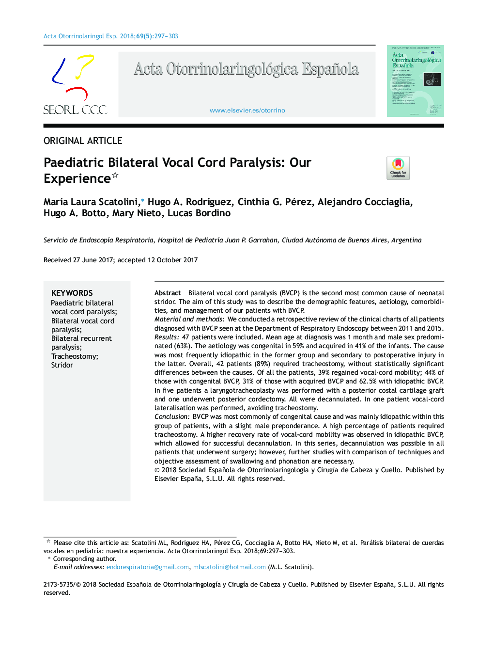 Paediatric Bilateral Vocal Cord Paralysis: Our Experience