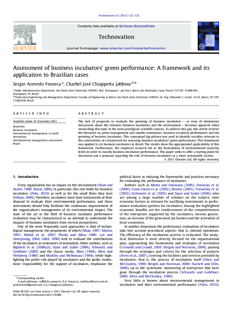 Assessment of business incubators' green performance: A framework and its application to Brazilian cases