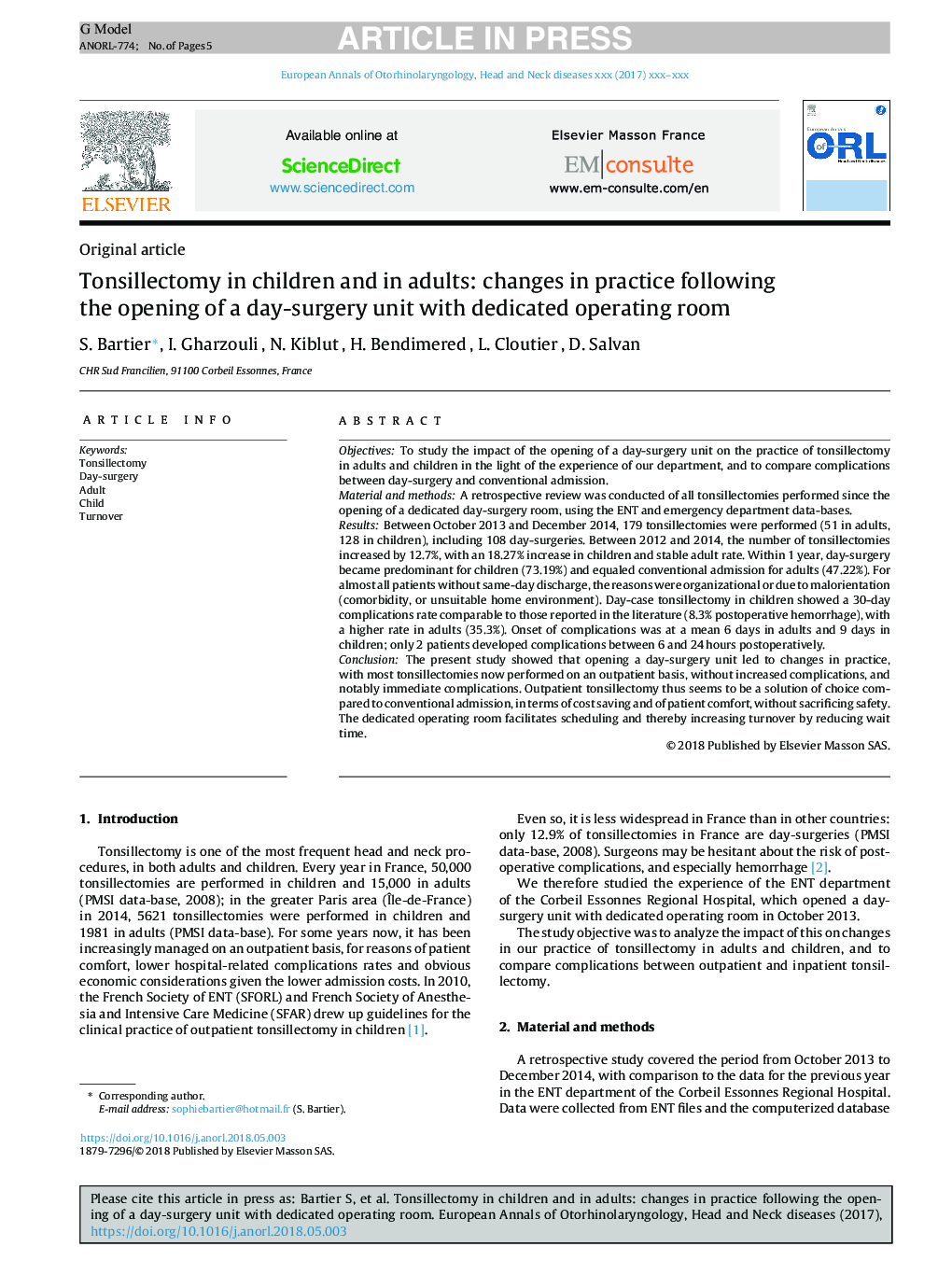 Tonsillectomy in children and in adults: changes in practice following the opening of a day-surgery unit with dedicated operating room