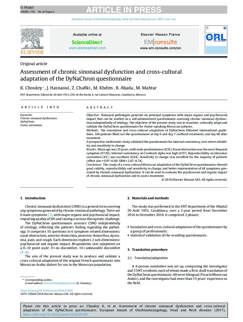 Assessment of chronic sinonasal dysfunction and cross-cultural adaptation of the DyNaChron questionnaire