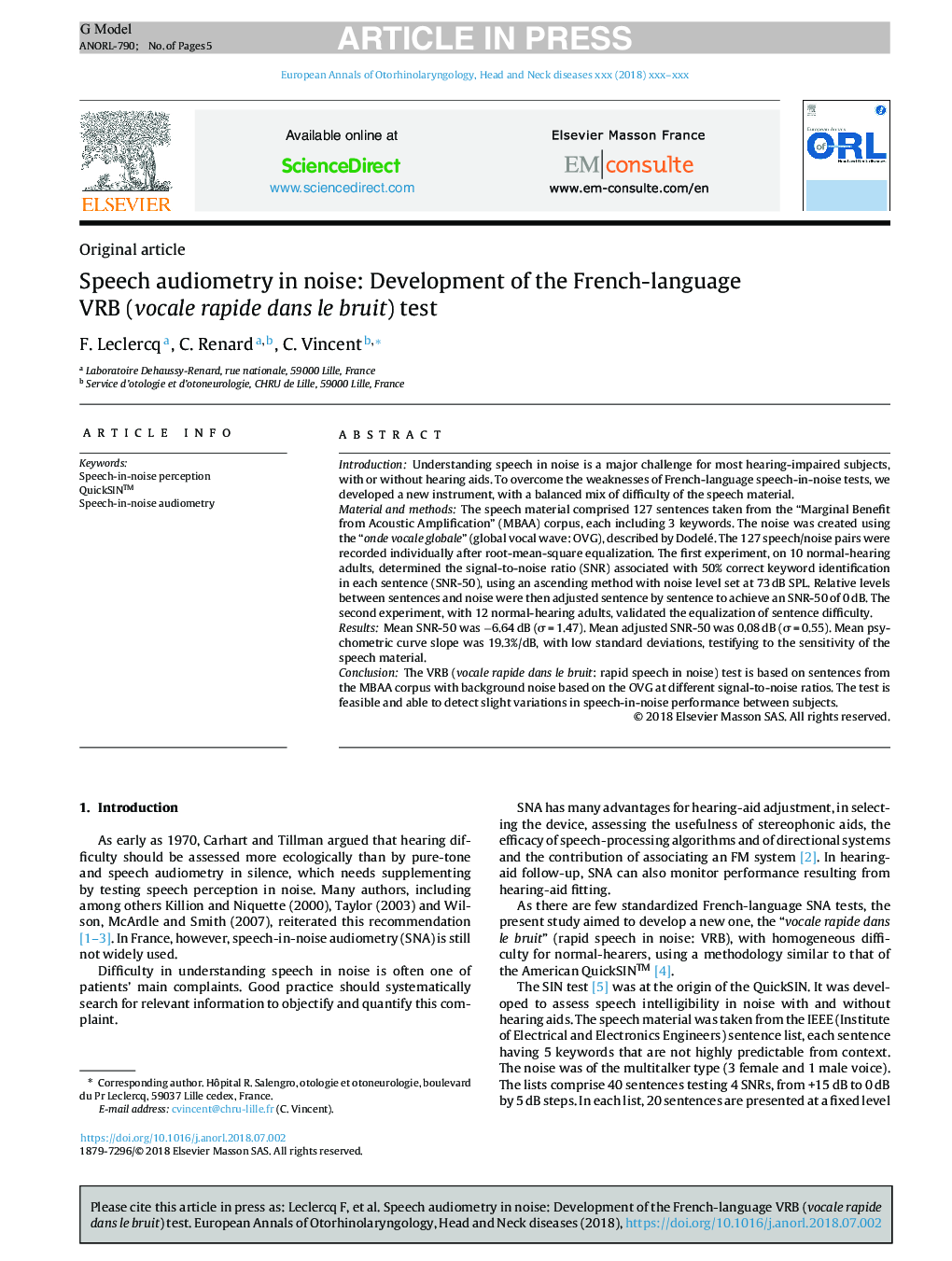 Speech audiometry in noise: Development of the French-language VRB (vocale rapide dans le bruit) test