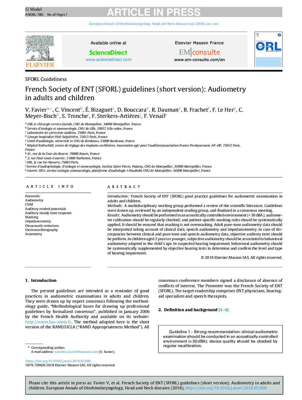 French Society of ENT (SFORL) guidelines (short version): Audiometry in adults and children