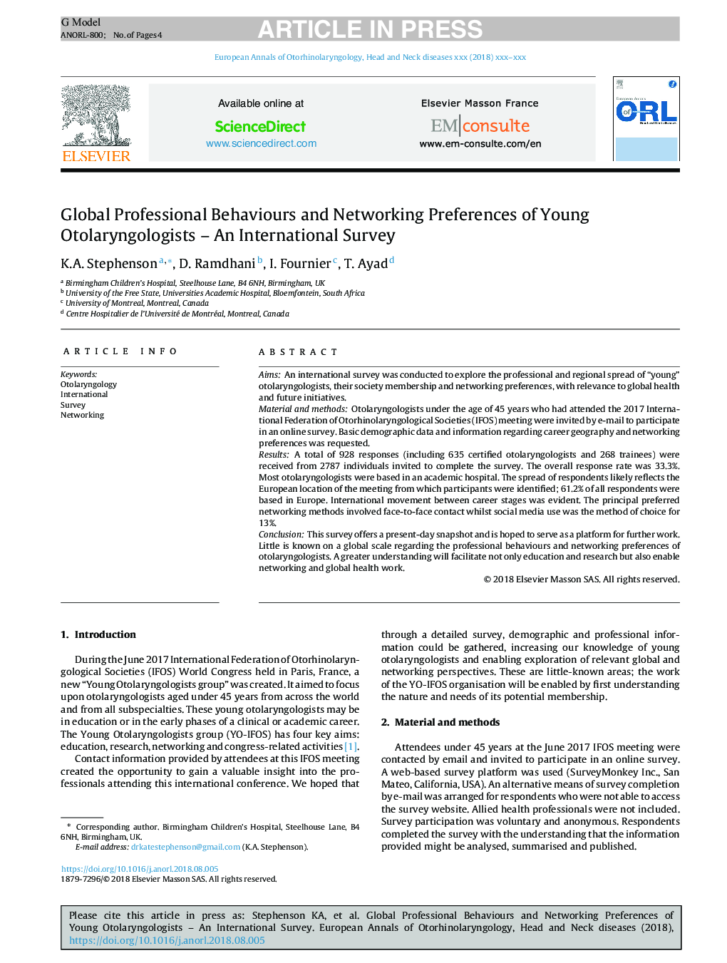 Global Professional Behaviours and Networking Preferences of Young Otolaryngologists - An International Survey