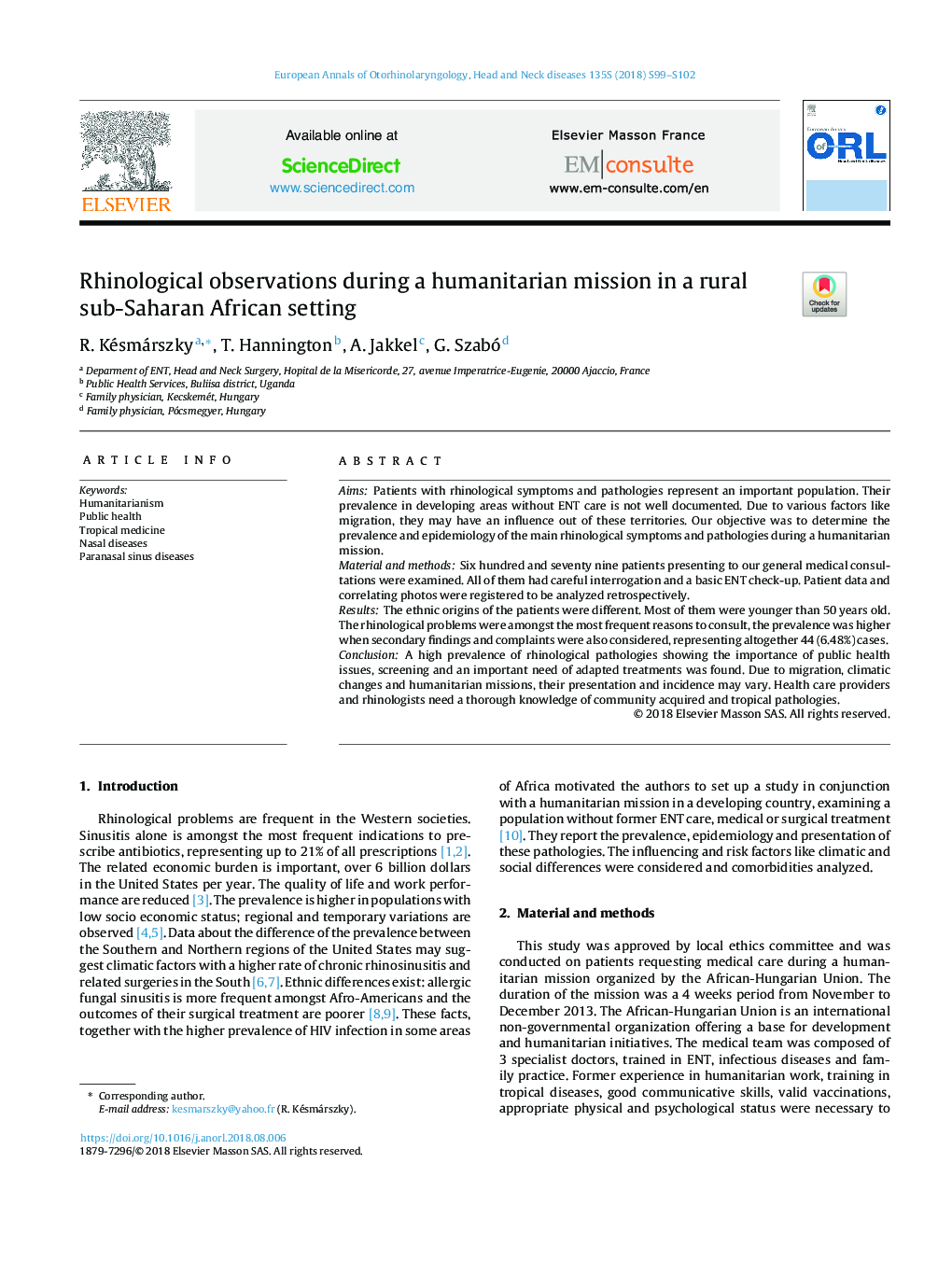 Rhinological observations during a humanitarian missionÂ in a rural sub-Saharan African setting