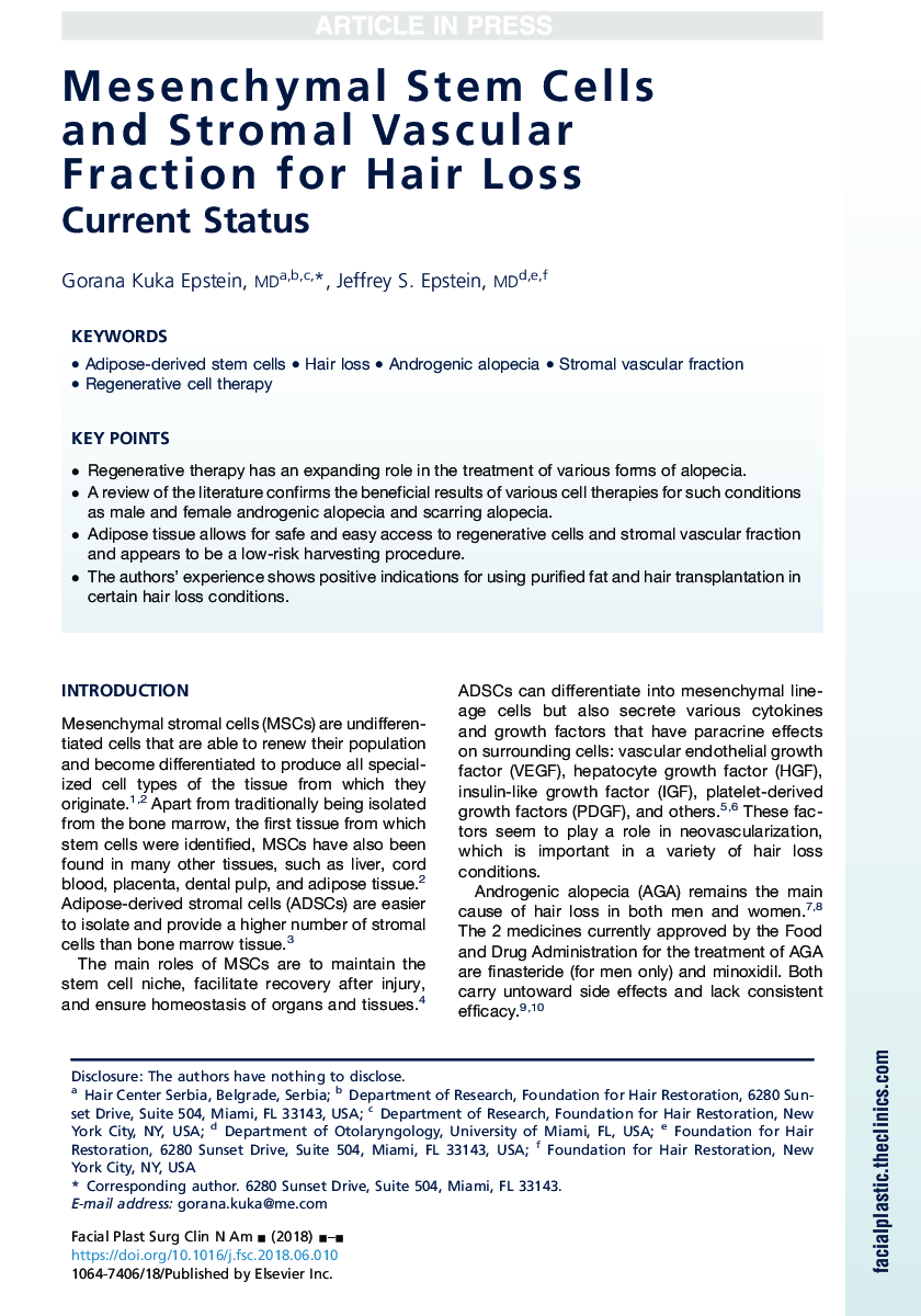 Mesenchymal Stem Cells and Stromal Vascular Fraction for Hair Loss