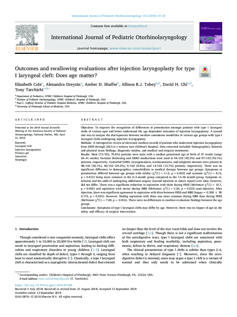 Outcomes and swallowing evaluations after injection laryngoplasty for type I laryngeal cleft: Does age matter?