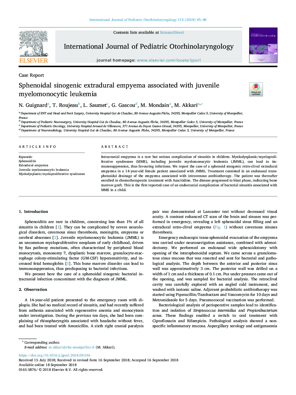 Sphenoidal sinogenic extradural empyema associated with juvenile myelomonocytic leukemia